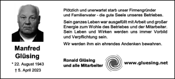 Traueranzeige von Manfred Glüsing von Holsteinischer Courier