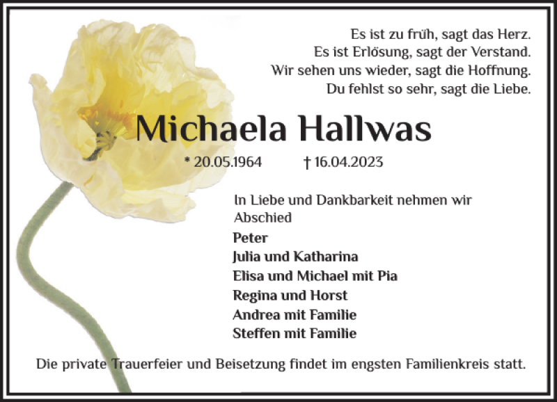  Traueranzeige für Michaela Hallwas vom 22.04.2023 aus Flensburger Tageblatt