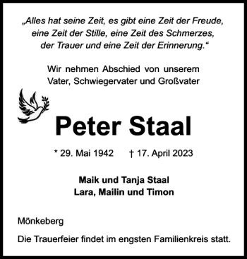 Traueranzeige von Peter Staal von Landeszeitung