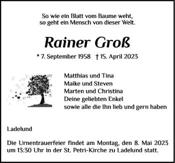 Traueranzeige von Rainer Groß von Nordfriesland Tageblatt