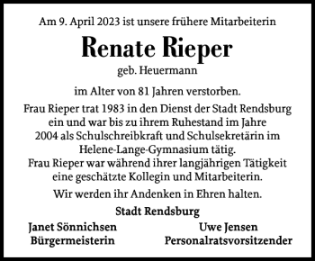 Traueranzeige von Renate Rieper von Landeszeitung