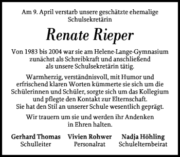 Traueranzeige von Renate Rieper von Landeszeitung
