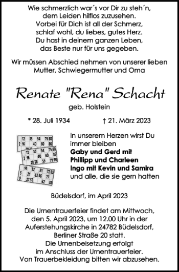 Traueranzeige von Renate Rena Schacht von Landeszeitung