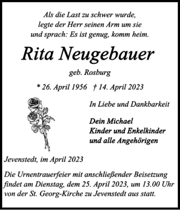 Traueranzeige von Rita Neugebauer geb. Rosburg von Landeszeitung