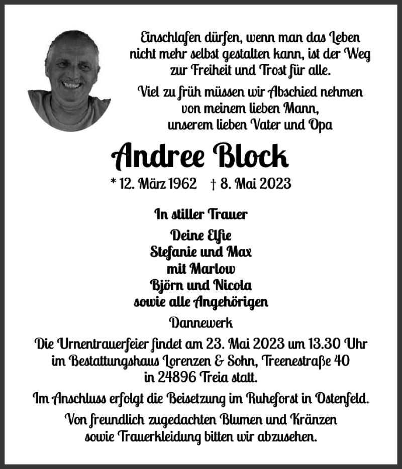  Traueranzeige für Andree Block vom 15.05.2023 aus Schleswiger Nachrichten