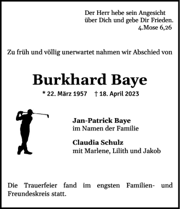 Traueranzeige von Burkhard Baye von Norddeutsche Rundschau