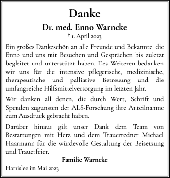 Traueranzeige von Dr. med. Enno Warncke von Flensburger Tageblatt