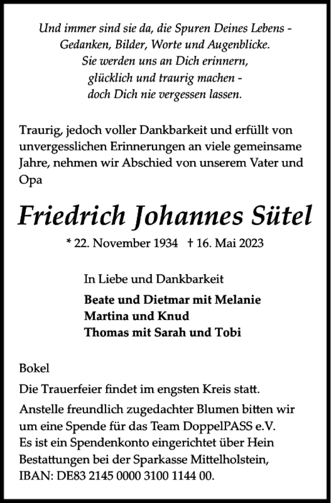  Traueranzeige für Friedrich Johannes Sütel vom 20.05.2023 aus Landeszeitung