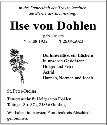 Traueranzeige von Ilse von Dohlen von Husumer Nachrichten