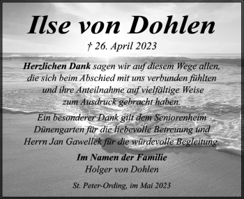 Traueranzeige von Ilse von Dohlen von Husumer Nachrichten