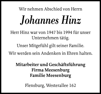 Traueranzeige von Johannes Hinz von Flensburger Tageblatt