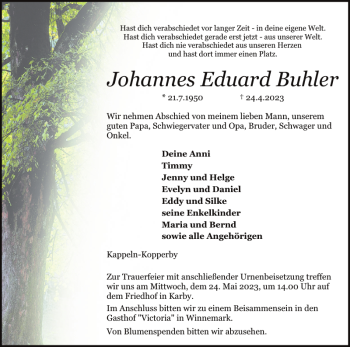 Traueranzeige von Johannes Eduard Buhler von Schlei-Bote
