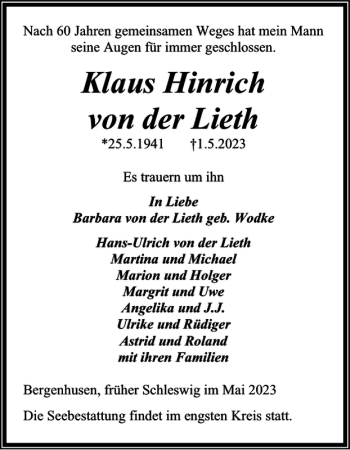 Traueranzeige von Klaus Hinrich von der Lieth von Landeszeitung