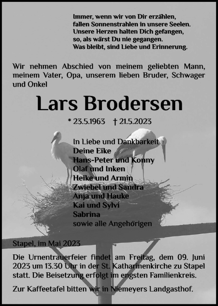  Traueranzeige für Lars Brodersen vom 31.05.2023 aus Husumer Nachrichten