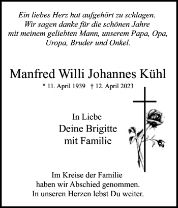 Traueranzeige von Manfred Willi Johannes Kühl von Uetersener Nachrichten