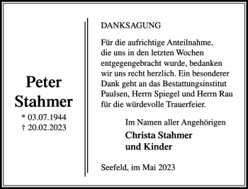 Traueranzeige von Peter Stahmer von Stormarner Tageblatt