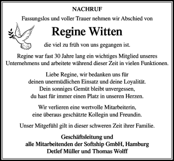 Traueranzeige von Regine Witten von Stormarner Tageblatt