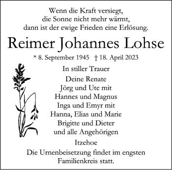 Traueranzeige von Reimer Johannes Lohse von Norddeutsche Rundschau