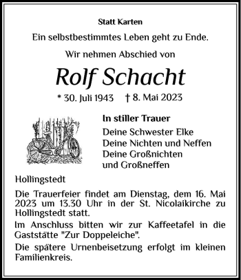 Traueranzeige von Rolf Schacht von Husumer Nachrichten