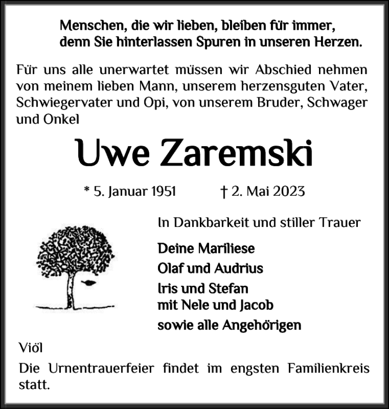  Traueranzeige für Uwe Zaremski vom 06.05.2023 aus Husumer Nachrichten