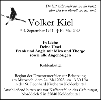 Traueranzeige von Volker Kiel von Husumer Nachrichten