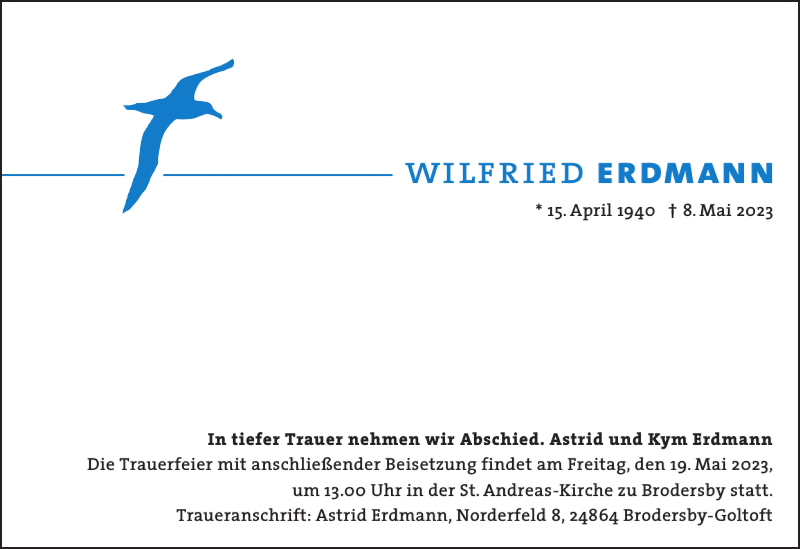  Traueranzeige für Wilfried Erdmann vom 13.05.2023 aus Schleswiger Nachrichten