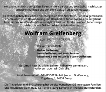 Traueranzeige von Wolfram Greifenberg von Eckernförder Zeitung