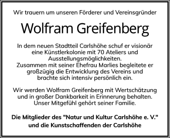 Traueranzeige von Wolfram Greifenberg von Eckernförder Zeitung