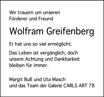 Traueranzeige von Wolfram Greifenberg von Eckernförder Zeitung
