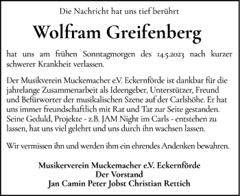 Traueranzeige von Wolfram Greifenberg von Eckernförder Zeitung