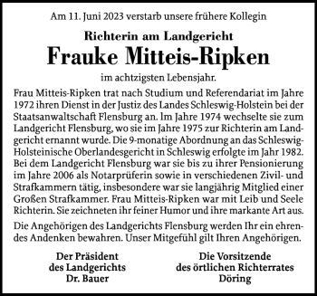 Traueranzeige von Frauke Mitteis-Ripken von Flensburger Tageblatt