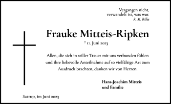 Traueranzeige von Frauke Mitteis-Ripken von Flensburger Tageblatt