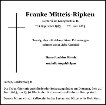 Traueranzeige von Frauke Mitteis-Ripken von Flensburger Tageblatt