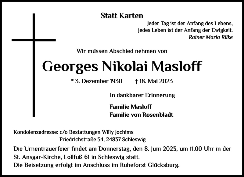  Traueranzeige für Georges Nikolai Masloff vom 03.06.2023 aus Schleswiger Nachrichten