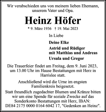 Traueranzeige von Heinz Höfer von Flensburger Tageblatt