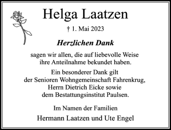 Traueranzeige von Helga Laatzen von Stormarner Tageblatt