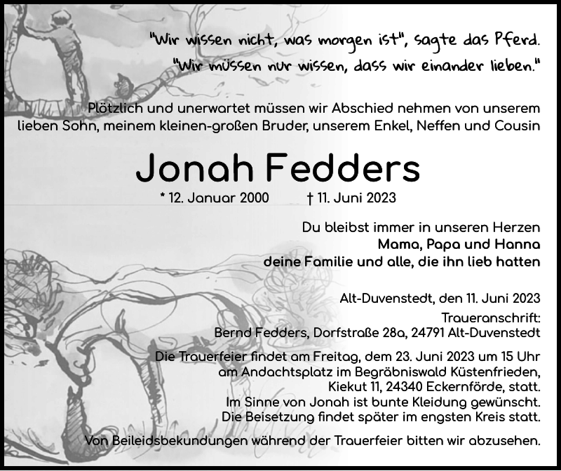  Traueranzeige für Jonah Fedders vom 17.06.2023 aus Landeszeitung