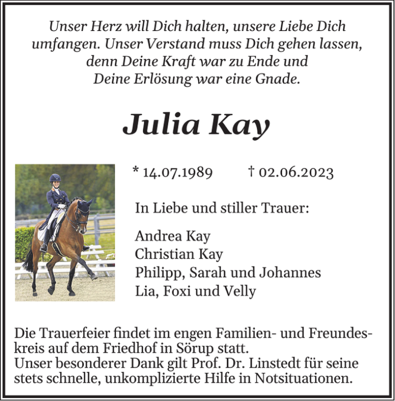  Traueranzeige für Julia Kay vom 07.06.2023 aus Flensburger Tageblatt