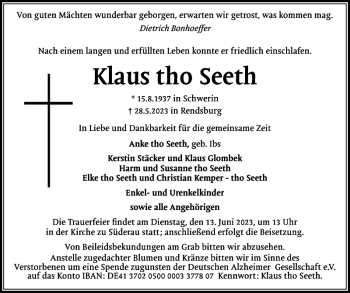Traueranzeige von Klaus tho Seeth von Norddeutsche Rundschau