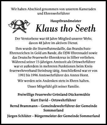 Traueranzeige von Klaus tho Seeth von Norddeutsche Rundschau