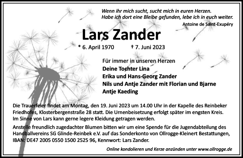  Traueranzeige für Lars Zander vom 13.06.2023 aus Stormarner Tageblatt