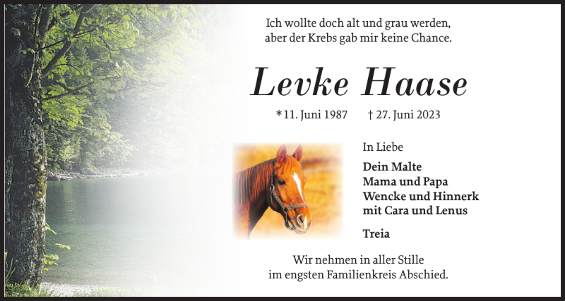  Traueranzeige für Levke Haase vom 30.06.2023 aus Schleswiger Nachrichten