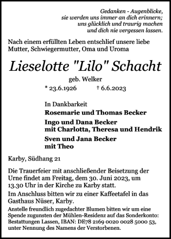 Traueranzeige von Lieselotte Lilo Schacht von Eckernförder Zeitung