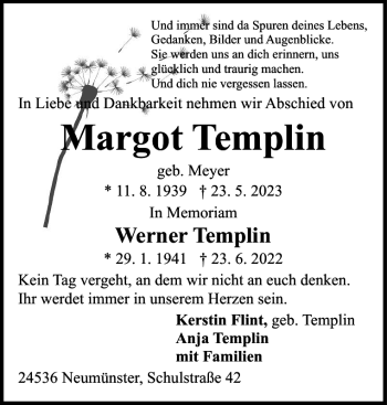 Traueranzeige von Margot Templin von Holsteinischer Courier