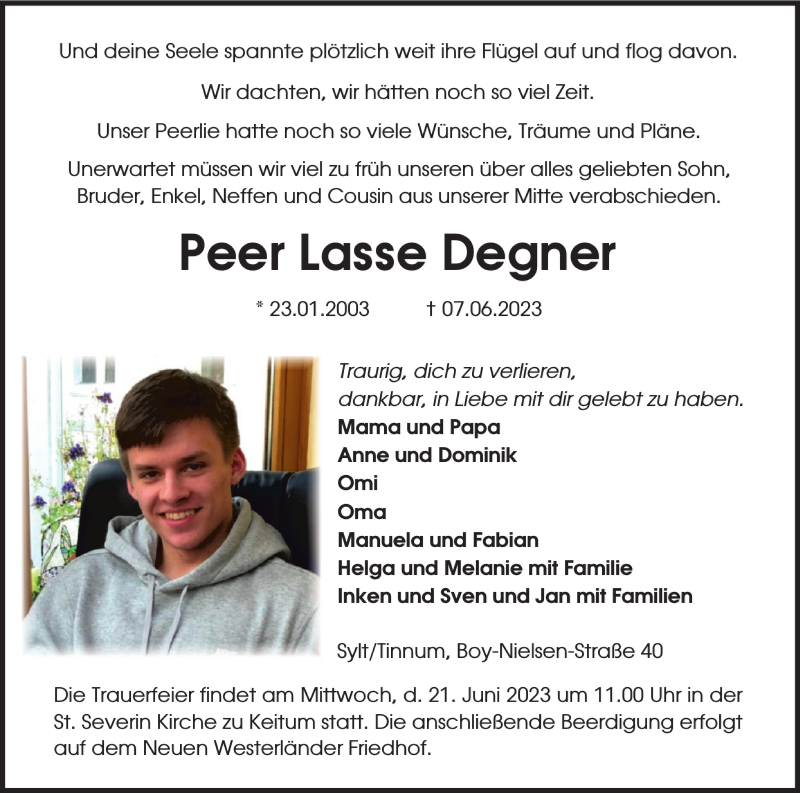  Traueranzeige für Peer Lasse Degner vom 17.06.2023 aus Sylter Rundschau