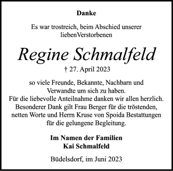 Traueranzeige von Regine Schmalfeld von Landeszeitung
