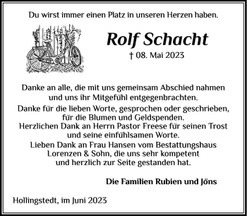 Traueranzeige von Rolf Schacht von Schleswiger Nachrichten