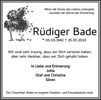 Traueranzeige von Rüdiger Bade von Pinneberger Tageblatt