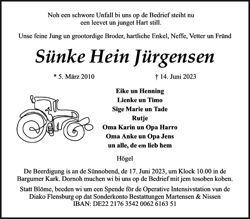  Traueranzeige für Sünke Hein Jürgensen vom 16.06.2023 aus Husumer Nachrichten