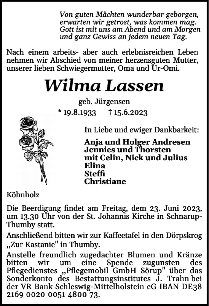  Traueranzeige für Wilma Lassen vom 21.06.2023 aus Flensburger Tageblatt